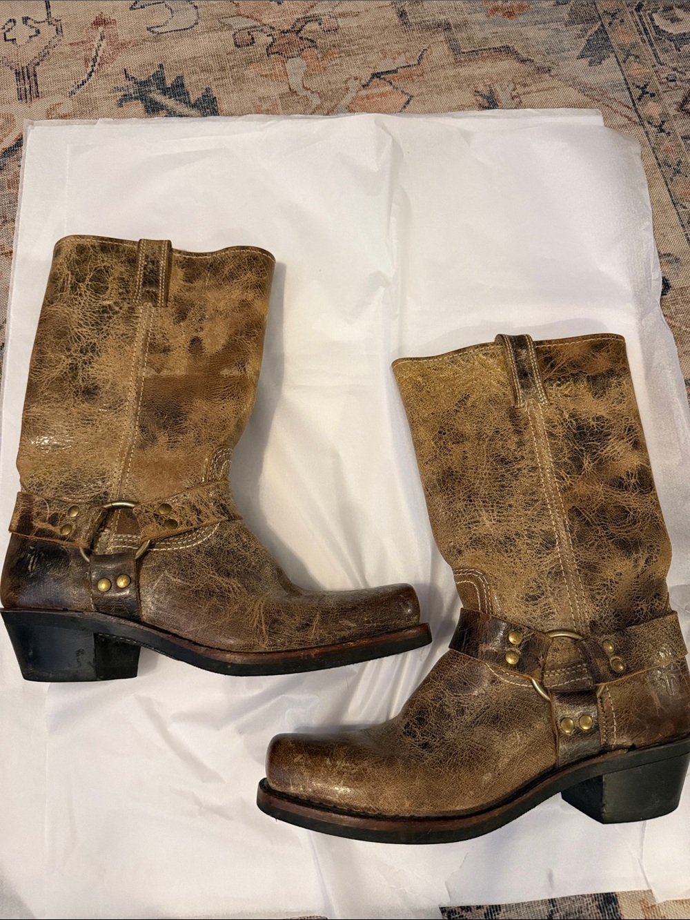 Frye Harness 12R Boots Women’s Distressed Tan brown Leather 9.5